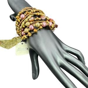 True Bronze Bead Medley Stretchy Stack Bracelet Set Gold Ribbon